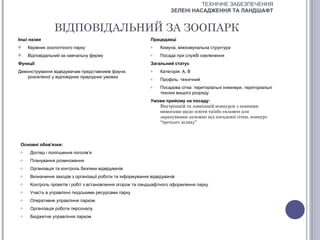 ТЕХНІЧНЕ ЗАБЕЗПЕЧЕННЯ
                                                                        ЗЕЛЕНІ НАСАДЖЕННЯ ТА ЛАНДШАФТ


                 ВІДПОВІДАЛЬНИЙ ЗА ЗООПАРК
Інші назви                                                    Працедавці
    Керівник зоологічного парку                              o    Комуна, міжкомунальна структура
    Відповідальний за навчальну ферму                        o    Посада при службі озеленення
Функції                                                       Загальний статус
Демонстрування відвідувачам представників фауни,              o    Категорія: А, В
   розселеної у відповідних природних умовах                  o    Профіль: технічний
                                                              o    Посадова сітка: територіальні інженери, територіальні
                                                                   техніки вищого розряду
                                                              Умови прийому на посаду:
                                                                 Внутрішній та зовнішній конкурси з певними
                                                                 вимогами щодо освіти та/або екзамен для
                                                                 зарахування залежно від посадової сітки, конкурс
                                                                 “третього шляху”




 Основні обов'язки:
 o    Догляд і поліпшення поголів’я
 o    Планування розмноження
 o    Організація та контроль безпеки відвідувачів
 o    Визначення заходів з організації роботи та інформування відвідувачів
 o    Контроль проектів і робіт з встановлення огорож та ландшафтного оформлення парку
 o    Участь в управлінні людськими ресурсами парку
 o    Оперативне управління парком
 o    Організація роботи персоналу
 o    Бюджетне управління парком
 