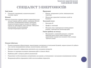 ТЕХНІЧНЕ ЗАБЕЗПЕЧЕННЯ
                                                                                    ЗАБУДОВАНІ ЗОНИ


                 СПЕЦІАЛІСТ З ЕНЕРГОНОСІЇВ
Інші назви                                                Працедавці
   Спеціаліст електричних, водопостачальних і            o   Комуна, департамент, регіон, міжкомунальна
    теплових мереж                                            структура
Функції                                                   o   Посада при управлінні технічних служб чи
                                                              будинків
Проектує й реалізує в режимі прямого управління чи на
   засадах підряду роботи, ремонт, оснащення об'єктів     Загальний статус
   опалення, кондиціювання повітря, вентиляції,           o   Категорія: В
   енергопостачання (мережі сильного й слабкого
   струму) на забудованих зонах громади. Забезпечує       o   Профіль: технічний
   експлуатацію та обслуговування                         o   Посадова сітка: територіальні техніки вищого
   електрогенераторних агрегатів
                                                              розряду, територіальні інспектори робіт
                                                          Умови прийому на посаду:
                                                          o   Внутрішній та зовнішній конкурси з певними
                                                              вимогами щодо освіти та/або екзамен для
                                                              зарахування залежно від посадової сітки, конкурс
                                                              “третього шляху”


Основні обов'язки:
o   Техніко-економічне обґрунтування, проектування електричного устаткування будинків, мереж сильного й слабкого
    току, систем кондиціювання повітря, газопостачання, вентиляції
o   Ведення операцій та оформлення документів для укладання контрактів
o   Контроль та перевірка належного виконання робіт та їхнього обсягу
o   Прийомка робіт і контроль робочої документації
o   Управління та обслуговування електричними закладками, устаткуванням і закладками кондиціювання повітря
o   Координація роботи підрядників та/або експлуатаційних підрозділів
 