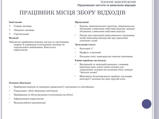 ТЕХНІЧНЕ ЗАБЕЗПЕЧЕННЯ
                                                               Підтримання чистоти та вивезення відходів


          ПРАЦІВНИК МІСЦЯ ЗБОРУ ВІДХОДІВ
Інші назви                                                 Працедавці
   Сторож звалища                                         o    Комуна, міжкомунальна структура, міжкомунальні
                                                                об’єднання з вивезення побутових відходів, змішані
   Завідувач звалища
                                                                об’єднання з вивезення побутових відходів
   Сортувальник                                           o    Посада при управлінні навколишнього середовища
Функції                                                         та/або вивезення відходів або при управлінні
                                                                технічних служб
Забезпечує приймання відходів, нагляд за сортуванням,
    охорону й утримання устаткування звалища чи            Загальний статус
    сортувального майданчика. Консультує                   o    Категорія: С
    користувачів
                                                           o    Профіль: технічний
                                                           o    Посадова сітка: територіальні технічні помічники
                                                           Умови прийому на посаду:
                                                           o    Внутрішній та зовнішній конкурси з певними
                                                                вимогами щодо освіти та/або екзамен для
                                                                зарахування залежно від посадової сітки, конкурс
                                                                “третього шляху”
                                                           o    Можливість безпосереднього прийому для кадрів
                                                                категорії С залежно від чину (другий клас)
Основні обов'язки:
o   Приймання відходів та перевірка правильності сортування по контейнерах
o   Управління і облік обертання сміттєвозів
o   Прибирання та обслуговування устаткування на об’єкті
o   Інформування користувачів
o   Ведення робочої документації
 