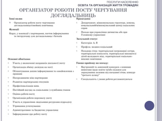 ПОСЛУГИ НАСЕЛЕННЮ
                                                                 ОСВІТА ТА ОРГАНІЗАЦІЯ ЖИТТЯ ГРОМАДЯН

              ОРГАНІЗАТОР РОБОТИ ПОСТУ ЧЕРГУВАННЯ
                        ДОГЛЯДАЛЬНИЦЬ
    Інші назви                                               Працедавці
        Організатор роботи посту чергування                 o    Департамент, міжкомунальна структура, комуна,
         доглядальниць/сімейних помічниць                         комунальний/міжкомунальний центр соціальних
                                                                  справ
    Функції
                                                             o    Посада при управління дитинства або при
    Керує, у взаємодії з партнерами, постом інформування
                                                                  Головному управлінні
        та інструктажу для доглядальниць і батьків
                                                             Загальний статус
                                                             o    Категорія: А, В
                                                             o    Профіль: медико-соціальний
                                                             o    Посадова сітка: територіальні патронажні сестри,
                                                                  територіальні психологи, територіальні вихователі
                                                                  дітей молодшого віку, територіальні соціально-
Основні обов'язки:                                                виховні помічники
o       Участь у визначенні напрямків діяльності посту       Умови прийому на посаду:
o       Організація обміну досвідом на пості                 o    Внутрішній та зовнішній конкурси з певними
                                                                  вимогами щодо освіти та/або екзамен для
o       Облаштування дошки інформування та ознайомлення з
                                                                  зарахування залежно від посадової сітки, конкурс
        правами
                                                                  “третього шляху”
o       Посередництво між партнерами                         o    Спеціальність і умови роботи регламентуються
o       Розвиток партнерських стосунків
o       Професіоналізація нянь
o       Постійний нагляд за соціальним і службовим станом
o       Оцінка роботи посту
o       Організація роботи персоналу посту
o       Участь в управління людськими ресурсами підрозділу
o       Утримання устаткування
o       Адміністративне та бюджетне управління
o       Інформування про роботу посту
 