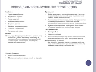 ПОСЛУГИ НАСЕЛЕННЮ
                                                                              ГРОМАДСЬКЕ ХАРЧУВАННЯ

          ВІДПОВІДАЛЬНИЙ ЗА КУЛІНАРНЕ ВИРОБНИЦТВО
Інші назви                                              Працедавці
   Завідувач виробництва                               o   Регіон, департамент, комуна, міжкомунальна структура,
                                                            комунальний/міжкомунальний центр соціальних справ,
   Виробничий керівник
                                                            громада, що має відомчу їдальню
   Завідувач кухні                                     o   Залежно від величини громади, посада підпорядковується
   Помічник з виробництва                                  Головному управлінню або управлінню шкіл чи
                                                            комунальному/міжкомунальному центру соціальних справ,
   Керівник ділянки
                                                        o   Може підпорядковуватися навчальному закладові або
   Керівник виробничої ділянки
                                                            об’єднанню закладів, яке має службу харчування
   Асистент з виробництва
                                                        Загальний статус
   Заступник шеф-кухаря                                o   Категорія: В, С
Функції                                                 o   Профіль: технічний
Планує, керує й координує виробництво в центральному    o   Посадова сітка: територіальні техніки вищої кваліфікації,
   підрозділі, в кількох виробничих підрозділах, в
                                                            територіальні інспектори робіт, територіальні майстри
   одному виробничому підрозділі або на виробничій
   ділянці (гарячі, холодні страви, кондитерські        Умови прийому на посаду:
   вироби, фасування, склад)                               Внутрішній та зовнішній конкурси з певними вимогами
                                                           щодо освіти та/або екзамен для зарахування залежно від
                                                           посадової сітки, конкурс “третього шляху”




Основні обов'язки:
o   Управління виробництвом
o   Менеджмент керівного складу, служби чи підрозділу
 