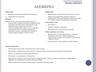 ПОСЛУГИ НАСЕЛЕННЮ
                                                                                      ОХОРОНА ЗДОРОВ’Я

                                           АКУШЕРКА
Інші назви                                                 Працедавці
   Акушерка охорони материнства й дитинства               o   Департамент, міжкомунальна структура, комуна
   Територіальна акушерка                                 o   Посада при управлінні охорони здоров’я та
                                                               профілактики або при управлінні дитинства й сім’ї
Функції
                                                               чи служби охорони материнства й дитинства
Забезпечує на своїй території відповідальності,
                                                           Загальний статус
    психологічну, медико-соціальну й профілактичну
    підтримку вагітних жінок і наглядає за ними            o   Категорія: А
    протягом всього період вагітності та в                 o   Профіль: медико-соціальний
    післяпологовий період. Бере участь у заходах з
    планування сім’ї та сімейного виховання,               o   Посадова сітка: територіальні акушерки
    проводить заходи з підтримки батьківства та
                                                           Умови прийому на посаду:
    пропагування здорового способу життя
                                                           o   Внутрішній та зовнішній конкурси з певними
                                                               вимогами щодо освіти та/або екзамен для
                                                               зарахування залежно від посадової сітки, конкурс
                                                               “третього шляху”
                                                           o   Спеціальність і умови роботи регламентуються


Основні обов'язки:
o   Проведення допологових і післяпологових консультацій
o   Виявлення і супровід випадків вагітності з психологічними й медико-соціальними ускладненнями
o   Нагляд за жінками на ранній стадії вагітності
o   Підготовка до народження та батьківства
o   Організація індивідуальних і колективних профілактичних заходів з питань контрацепції, профілактики
    інфекцій, що передаються статевим шляхом і СНІДу
o   Збір епідеміологічних даних, оформлення та ведення медичних справ
 