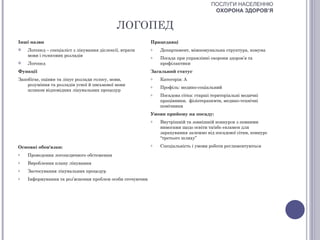 ПОСЛУГИ НАСЕЛЕННЮ
                                                                                     ОХОРОНА ЗДОРОВ’Я


                                             ЛОГОПЕД
Інші назви                                                Працедавці
   Логопед – спеціаліст з лікування діслексії, втрати    o   Департамент, міжкомунальна структура, комуна
    мови і голосових розладів                             o   Посада при управлінні охорони здоров’я та
   Логопед                                                   профілактики
Функції                                                   Загальний статус
Запобігає, оцінює та лікує розлади голосу, мови,          o   Категорія: А
    розуміння та розладів усної й письмової мови          o   Профіль: медико-соціальний
    шляхом відповідних лікувальних процедур
                                                          o   Посадова сітка: старші територіальні медичні
                                                              працівники, фізіотерапевти, медико-технічні
                                                              помічники
                                                          Умови прийому на посаду:
                                                          o   Внутрішній та зовнішній конкурси з певними
                                                              вимогами щодо освіти та/або екзамен для
                                                              зарахування залежно від посадової сітки, конкурс
                                                              “третього шляху”

Основні обов'язки:                                        o   Спеціальність і умови роботи регламентуються
o   Проведення логопедичного обстеження
o   Вироблення плану лікування
o   Застосування лікувальних процедур
o   Інформування та роз’яснення проблем особи оточуючим
 