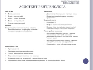 ПОСЛУГИ НАСЕЛЕННЮ
                                                                                       ОХОРОНА ЗДОРОВ’Я

                       АСИСТЕНТ РЕНТГЕНОЛОГА
Інші назви                                                Працедавці
   Технік-рентгенолог                                    o    Департамент, міжкомунальна структура, комуна
   Технік з рентгенографії                               o    Посада при управлінні охорони здоров’я та
                                                               профілактики
   Технік з ядерної медицини
                                                          Загальний статус
   Технік з електрофізіології
                                                          o    Категорія: В, С
   Асистент з рентгенотерапії
                                                          o    Профіль: медико-соціальний, технічний
Функції
                                                          o    Посадова сітка: територіальні медико-технічні
Використовує під керівництвом лікаря іонізуюче
                                                               асистенти, територіальні технічні помічники
   випромінювання для діагностики й лікування, а
   також виготовляє рентгенівські знімки                  Умови прийому на посаду:
                                                          o    Внутрішній та зовнішній конкурси з певними
                                                               вимогами щодо освіти та/або екзамен для
                                                               зарахування залежно від посадової сітки, конкурс
                                                               “третього шляху”
                                                          o    Можливість безпосереднього прийому для кадрів
                                                               категорії С залежно від чину (другий клас)
                                                          o    Спеціальність і умови роботи регламентуються
Основні обов'язки:
o   Прийом пацієнтів
o   Проведення рентгенівського обстеження
o   Обробка рентгенівських знімків і даних
o   Лікування з використанням іонізуючої апаратури
o   Утримання апаратури, медикаментів і радіоактивних речовин
o   Інформування спеціалістів; ведення технічної документації на апаратуру та догляд за нею
 