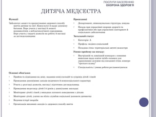 ПОСЛУГИ НАСЕЛЕННЮ
                                                                                          ОХОРОНА ЗДОРОВ’Я

                              ДИТЯЧА МЕДСЕСТРА
Функції                                                       Працедавці
Забезпечує захист та пропагування здорового способу           o   Департамент, міжкомунальна структура, комуна
    життя дитини та сім’ї. Консультує й надає допомогу        o   Посада при управлінні охорони здоров’я та
    батькам. Бере участь у нагляді й захисті
                                                                  профілактики або при управлінні санітарного й
    неповнолітніх з неблагополучного середовища.
                                                                  соціального забезпечення
    Бере участь у видачі дозволів на роботу й нагляді
    за доглядальницями                                        Загальний статус
                                                              o   Категорія: А
                                                              o   Профіль: медико-соціальний
                                                              o   Посадова сітка: територіальні дитячі медсестри
                                                              Умови прийому на посаду:
                                                              o   Внутрішній та зовнішній конкурси з певними
                                                                  вимогами щодо освіти та/або екзамен для
                                                                  зарахування залежно від посадової сітки, конкурс
                                                                  “третього шляху”
                                                              o   Спеціальність і умови роботи регламентуються

Основні обов'язки:
o   Прийом та відвідання на дому, надання консультацій та супровід дітей і сімей
o   Проведення допоміжних заходів медичного й психосоціального характеру
o   Участь у розгляді дозволів, нагляд і підготовка доглядальниць
o   Проведення медогляду дітей 3-4 років у дошкільних закладах
o   Моніторинг дітей і сімей у випадках поганого поводження з дітьми
o   Моніторинг дітей, узятих на облік службою соціальної допомоги дитинству
o   Ведення історії хвороби
o   Організація виховних заходів із здорового способу життя
 