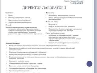 ПОСЛУГИ НАСЕЛЕННЮ
                                                                                              ЛАБОРАТОРІЇ


                          ДИРЕКТОР ЛАБОРАТОРІЇ
Інші назви                                                   Працедавці
    Біолог                                                  o   Департамент, міжкомунальна структура
    Інженер з лабораторних аналізів                         o   Посада при підрозділі управління (водопостачання
                                                                 та водовідведення)
    Директор аналітичної лабораторії
                                                             Загальний статус
    Директор ветеринарної лабораторії
                                                             o   Категорія: А
Функції
                                                             o   Профіль: медико-соціальний, технічний
Забезпечує адміністративне, наукове й технічне
    керівництво лабораторією. Проводить аналізи з            o   Посадова сітка: біологи, ветеринари, територіальні
    контролю санітарного стану середовища, харчової              фармацевти, територіальні інженери
    гігієни, стану здоров’я тварин. Затверджує
                                                             Умови прийому на посаду:
    результати та керує спеціалізованими підрозділами
                                                             o   Внутрішній та зовнішній конкурси з певними
                                                                 вимогами щодо освіти та/або екзамен для
                                                                 зарахування залежно від посадової сітки, конкурс
                                                                 “третього шляху”

 Основні обов'язки:
                                                             o   Спеціальність і умови роботи регламентуються
 o    Участь у визначенні стратегічних напрямків діяльності лабораторії та в їхній реалізації
 o    Надання консультацій депутатам і зовнішнім органам у питаннях ризиків, пов’язаних із довкіллям і
      санітарним станом
 o    Моніторинг і контроль результатів аналізів у лабораторії
 o    Проведення експертизи на вимогу сторонніх організацій
 o    Участь у популяризації політики захисту навколишнього середовища та гігієни громади, державних і
      приватних замовників
 o    Науковий та технічний нагляд
 o    Адміністративне та бюджетне управління службою
 o    Утримання майна, устаткування й апаратури
 o    Оперативне керівництво лабораторією та її підрозділами
 o    Організація роботи підрозділів
 