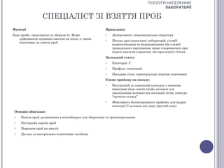 ПОСЛУГИ НАСЕЛЕННЮ
                                                                                           ЛАБОРАТОРІЇ

                  СПЕЦІАЛІСТ ЗІ ВЗЯТТЯ ПРОБ
Функції                                                  Працедавці
Бере проби, транспортує та зберігає їх. Може             o   Департамент, міжкомунальна структура
    здійснювати первинні аналізи на місці, а також       o   Посада при управлінні лабораторій, службі
    підготовку до взяття проб
                                                             водопостачання та водовідведення або службі
                                                             громадського харчування; може створюватися при
                                                             відділі аналізів управлінь або при відділі гігієни
                                                         Загальний статус
                                                         o   Категорія: С
                                                         o   Профіль: технічний
                                                         o   Посадова сітка: територіальні технічні помічники
                                                         Умови прийому на посаду:
                                                         o   Внутрішній та зовнішній конкурси з певними
                                                             вимогами щодо освіти та/або екзамен для
                                                             зарахування залежно від посадової сітки, конкурс
                                                             “третього шляху”
                                                         o   Можливість безпосереднього прийому для кадрів
                                                             категорії С залежно від чину (другий клас)
 Основні обов'язки:
 o   Взяття проб, розміщення в контейнерах для зберігання та транспортування
 o   Реєстрація карток проб
 o   Передача проб на аналіз
 o   Догляд за матеріально-технічними засобами
 