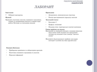 ПОСЛУГИ НАСЕЛЕННЮ
                                                                                        ЛАБОРАТОРІЇ

                                          ЛАБОРАНТ
Інші назви                                             Працедавці
    Лаборант-препаратор                               o   Департамент, міжкомунальна структура
Функції                                                o   Посада при керівництві підрозділу аналізів
Проводить підготовку аналізів, поживного середовища,   Загальний статус
   стежить за дотриманням чистоти та чинних норм       o   Категорія: С
   роботи. Наглядає за утилізацією відходів
                                                       o   Профіль: технічний
                                                       o   Посадова сітка: територіальні технічні помічники
                                                       Умови прийому на посаду:
                                                       Внутрішній та зовнішній конкурси з певними вимогами
                                                           щодо освіти та/або екзамен для зарахування
                                                           залежно від посадової сітки, конкурс “третього
                                                           шляху”

                                                       Можливість безпосереднього прийому для кадрів
                                                          категорії С залежно від чину (другий клас)




 Основні обов'язки:
 o   Прибирання приміщень та лабораторних приладів
 o   Підготовка поживного середовища та аналізів
 o   Передача інформації
 
