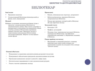 ПОСЛУГИ НАСЕЛЕННЮ
                                                                     БІБЛІОТЕКИ ТА ЦЕНТРИ ДОКУМЕНТАЦІЇ


                                        БІБЛІОТЕКАР
Інші назви                                                  Працедавці
    Працівник медіатеки                                    o     Комуна, міжкомунальна структура, департамент
    Спеціалізований бібліотекар (відповідальній за         o     Бібліотека/медіатека; мережева бібліотека;
     фонди, носії, відвідувачів)                                  департаментська бібліотека
Функції                                                     o     Посада при окремому секторі/службі в бібліотеці
                                                                  або при директорі закладу
Відбирає та поповнює документальні фонди згідно з
    проектом і цілями розвитку бібліотеки чи                Загальний статус
    документального центру. Бере участь в розробці та       o     Категорія: А, В
    використанні устаткування для відвідувачів. Надає
    технічну допомогу бібліотечним керівникам               o     Профіль: культурний
    окремої сільської зони. Забезпечує послуги з            o     Посадова сітка: територіальні наглядачі бібліотек,
    користування відвідувачами бібліотечними
                                                                  територіальні бібліотекарі, кваліфіковані
    послугами й фондами. Зберігає та популяризує
                                                                  територіальні помічники зі збереження спадщину
    наявні фонди
                                                                  й бібліотек
                                                            Умови прийому на посаду:
                                                            o     Внутрішній та зовнішній конкурси з певними
                                                                  вимогами щодо освіти та/або екзамен для
                                                                  зарахування залежно від посадової сітки, конкурс
                                                                  “третього шляху”



 Основні обов'язки:
 o    Планування та управління документальними ресурсами й послугами
 o    Планування й забезпечення відвідувачів документальними послугами
 o    Організація громадських заходів та диспутів у сфері знань
 o    Інтелектуальне опрацювання та опис документальних ресурсів
 o    Участь в системі оцінювання закладу
 