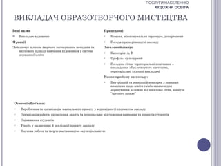 ПОСЛУГИ НАСЕЛЕННЮ
                                                                                           ХУДОЖНЯ ОСВІТА


ВИКЛАДАЧ ОБРАЗОТВОРЧОГО МИСТЕЦТВА
Інші назви                                                Працедавці
    Викладач-художник                                    o   Комуна, міжкомунальна структура, департамент
Функції                                                   o   Посада при керівництві закладу
Забезпечує шляхом творчого застосування методики та       Загальний статус
    наукового підходу навчання художників у системі       o   Категорія: А, В
    державної освіти
                                                          o   Профіль: культурний
                                                          o   Посадова сітка: територіальні помічники з
                                                              викладання образотворчого мистецтва,
                                                              територіальні художні викладачі
                                                          Умови прийому на посаду:
                                                          o   Внутрішній та зовнішній конкурси з певними
                                                              вимогами щодо освіти та/або екзамен для
                                                              зарахування залежно від посадової сітки, конкурс
                                                              “третього шляху”


 Основні обов'язки:
 o   Вироблення та організація навчального проекту у відповідності з проектом закладу
 o   Організація роботи, проведення занять та персональне відстеження навчання та проектів студентів
 o   Оцінювання студентів
 o   Участь у визначенні й реалізації проекту закладу
 o   Наукова робота та творче наставництво за спеціальністю
 