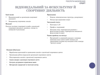 ПОСЛУГИ НАСЕЛЕННЮ
                                                                                                    СПОРТ

              ВІДПОВІДАЛЬНИЙ ЗА ФІЗКУЛЬТУРНУ Й
                    СПОРТИВНУ ДІЯЛЬНІСТЬ
Інші назви                                                    Працедавці
    Відповідальний за організацію спортивної                 o   Комуна, міжкомунальна структура, департамент
     діяльності                                               o   Посада при управлінні спорту
    Координатор спортивних заходів
                                                              Загальний статус
Функції                                                       o   Категорія: А, В
Реалізує політику спортивної служби з організації             o   Профіль: спортивний
    спортивної діяльності, організує, очолює та
    контролює її реалізацію                                   o   Посадова сітка: територіальні радники з
                                                                  фізкультури й спорту, територіальні вихователі
                                                                  фізкультури й спорту
                                                              Умови прийому на посаду:
                                                              o   Внутрішній та зовнішній конкурси з певними
                                                                  вимогами щодо освіти та/або екзамен для
                                                                  зарахування залежно від посадової сітки, конкурс
                                                                  “третього шляху”



 Основні обов'язки:
 o    Вироблення пропозицій та проведення заходів з організації спортивного життя
 o    Організація роботи підрозділів організації спортивного життя
 o    Популяризація заходів з організації спортивного життя
 o    Оцінка заходів з організації спортивного життя
 o    Контроль дотримання нормативних вимог
 o    Методичний, юридичний та технічний нагляд
 