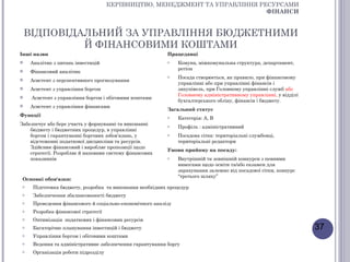 КЕРІВНИЦТВО, МЕНЕДЖМЕНТ ТА УПРАВЛІННЯ РЕСУРСАМИ
                                                                              ФІНАНСИ


    ВІДПОВІДАЛЬНИЙ ЗА УПРАВЛІННЯ БЮДЖЕТНИМИ
             Й ФІНАНСОВИМИ КОШТАМИ
Інші назви                                                 Працедавці
    Аналітик з питань інвестицій                          o    Комуна, міжкомунальна структура, департамент,
                                                                регіон
    Фінансовий аналітик
                                                           o    Посада створюється, як правило, при фінансовому
    Асистент з перспективного прогнозування
                                                                управлінні або при управлінні фінансів і
    Асистент з управління боргом                               закупівель, при Головному управлінні служб або
                                                                Головному адміністративному управлінні, у відділі
    Асистент з управління боргом і обіговими коштами
                                                                бухгалтерського обліку, фінансів і бюджету.
    Асистент з управління фінансами
                                                           Загальний статус
Функції                                                    o    Категорія: А, В
Забезпечує або бере участь у формуванні та виконанні       o    Профіль : адміністративний
    бюджету і бюджетних процедур, в управлінні
    боргом і гарантуванні боргових зобов’язань, у          o    Посадова сітка: територіальні службовці,
    відстеженні податкової дисципліни та ресурсів.              територіальні редактори
    Здійснює фінансовий і виробляє пропозиції щодо
                                                           Умови прийому на посаду:
    стратегії. Розробляє й наповнює систему фінансових
    показників                                             o    Внутрішній та зовнішній конкурси з певними
                                                                вимогами щодо освіти та/або екзамен для
                                                                зарахування залежно від посадової сітки, конкурс
                                                                “третього шляху”
 Основні обов'язки:
 o    Підготовка бюджету, розробка та виконання необхідних процедур
 o    Забезпечення збалансованості бюджету
 o    Проведення фінансового й соціально-економічного аналізу
 o    Розробка фінансової стратегії
 o    Оптимізація податкових і фінансових ресурсів
 o    Багаторічне планування інвестицій і бюджету                                                                   37
 o    Управління боргом і обіговими коштами
 o    Ведення та адміністративне забезпечення гарантування боргу
 o    Організація роботи підрозділу
 