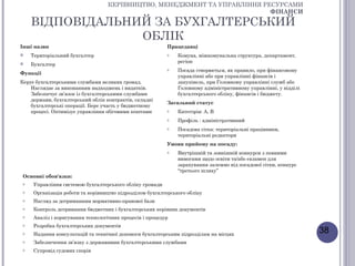 КЕРІВНИЦТВО, МЕНЕДЖМЕНТ ТА УПРАВЛІННЯ РЕСУРСАМИ
                                                                            ФІНАНСИ

     ВІДПОВІДАЛЬНИЙ ЗА БУХГАЛТЕРСЬКИЙ
                  ОБЛІК
Інші назви                                                 Працедавці
    Територіальний бухгалтер                              o    Комуна, міжкомунальна структура, департамент,
                                                                регіон
    Бухгалтер
                                                           o    Посада створюється, як правило, при фінансовому
Функції
                                                                управлінні або при управлінні фінансів і
Керує бухгалтерськими службами великих громад.                  закупівель, при Головному управлінні служб або
    Наглядає за виконанням надходжень і видатків.               Головному адміністративному управлінні, у відділі
    Забезпечує зв’язок із бухгалтерськими службами              бухгалтерського обліку, фінансів і бюджету.
    держави, бухгалтерський облік контрактів, складні
                                                           Загальний статус
    бухгалтерські операції. Бере участь у бюджетному
    процесі. Оптимізує управління обіговими коштами        o    Категорія: А, В
                                                           o    Профіль : адміністративний
                                                           o    Посадова сітка: територіальні працівники,
                                                                територіальні редактори
                                                           Умови прийому на посаду:
                                                           o    Внутрішній та зовнішній конкурси з певними
                                                                вимогами щодо освіти та/або екзамен для
                                                                зарахування залежно від посадової сітки, конкурс
                                                                “третього шляху”
 Основні обов'язки:
 o    Управління системою бухгалтерського обліку громади
 o    Організація роботи та керівництво підрозділом бухгалтерського обліку
 o    Нагляд за дотриманням нормативно-правової бази
 o    Контроль дотримання бюджетних і бухгалтерських керівних документів
 o    Аналіз і коригування технологічних процесів і процедур
 o    Розробка бухгалтерських документів
 o    Надання консультацій та технічної допомоги бухгалтерським підрозділам на місцях
                                                                                                                    38
 o    Забезпечення зв’язку з державними бухгалтерськими службами
 o    Супровід судових спорів
 