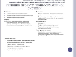 КЕРІВНИЦТВО, МЕНЕДЖМЕНТ ТА УПРАВЛІННЯ РЕСУРСАМИ
          ІНФОРМАЦІЙНІ СИСТЕМИ ТА ІНФОРМАЦІЙНО-КОМУНІКАЦІЙНІ ТЕХНОЛОГІЇ

     КЕРІВНИК ПРОЕКТУ ГЕОІНФОРМАЦІЙНОЇ
                  СИСТЕМИ
Інші назви                                                   Працедавці
    Адміністратор геоінформаційної системи                  o   Комуна, департамент, міжкомунальна структура,
                                                                 регіон
    Уповноважений з проекту геонформаційної системи
                                                             o   Посада при управління інформаційних системи,
    Інженер геоінформаційної системи
                                                                 інформаційного забезпечення або при управлінні
Функції                                                          технічних служб
Структурує та моделює географічну інформацію                 Загальний статус
    громади, впроваджує інформаційну систему                 o   Категорія: А
    прийому, адміністрування, обробки, аналізу та
    розповсюдження даних; контролює якість системи           o   Профіль : технічний, адміністративний
                                                             o   Посадова сітка: територіальні інженери,
                                                                 територіальні помічники
                                                             Умови прийому на посаду:
                                                             o   Внутрішній та зовнішній конкурси з певними
                                                                 вимогами щодо освіти та/або екзамен для
                                                                 зарахування залежно від посадової сітки, конкурс
                                                                 “третього шляху”

 Основні обов'язки:
 o    Розробка та адміністрування геоінформаційної системи
 o    Узгодження інформаційної системи з базами даних
 o    Надання допомоги гензамовникові
 o    Керівництво, впровадження та оцінка проекту
 o    Нагляд і вдосконалення системи
 o    Надання допомоги користувачам
 
