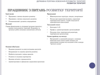 ДЕРЖАВНА ПОЛІТИКА ОСВОЄННЯ Й РОЗВИТКУ ТЕРИТОРІЇ
                                                                        РОЗВИТОК ТЕРИТОРІЇ



    ПРАЦІВНИК З ПИТАНЬ РОЗВИТКУ ТЕРИТОРІЇ
Інші назви                                              Працедавці
   Працівник з питань місцевого розвитку               o   Міжкомунальна структура, комуна, департамент
   Працівник з питань соціального розвитку             o   Посада при управлінні розвитку, управлінні
                                                            територіальної єдності, службі соціальної й
   Уповноважений з розвитку мікрорайонів
                                                            територіальної консолідації
Функції
                                                        Загальний статус
Сприяє формуванню та підтримці місцевих проектів у      o   Категорія: А, В
   рамках схем розвитку територій. Координує та
   організує роботу місцевих економічних суб’єктів      o   Профіль: адміністративний, організаційний
                                                        o   Посадова сітка: територіальні редактори,
                                                            територіальні організатори
                                                        Умови прийому на посаду:
                                                        o   Внутрішній та зовнішній конкурси з певними
                                                            вимогами щодо освіти та/або екзамен для
                                                            зарахування залежно від посадової сітки, конкурс
                                                            “третього шляху”

Основні обов’язки:
o   Надання допомоги та консультування депутатів
o   Координація та супровід проектів розвитку
o   Підбиття підсумків і оцінка проектів
o   Розвиток та ведення партнерства
o   Ведення зв’язків з громадськістю
o   Адміністративне та фінансове управління проектами
 