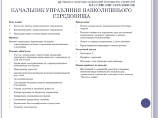 ДЕРЖАВНА ПОЛІТИКА ОСВОЄННЯ Й РОЗВИТКУ ТЕРИТОРІЇ
                                                             НАВКОЛИШНЄ СЕРЕДОВИЩЕ

    НАЧАЛЬНИК УПРАВЛІННЯ НАВКОЛИШНЬОГО
                СЕРЕДОВИЩА
Інші назви                                              Працедавці
   Завідувач відділу навколишнього середовища          o   Регіон, департамент, міжкомунальна структура,
                                                            комуна
   Уповноважений з навколишнього середовища
                                                        o   Посада створюється переважно при заступникові
   Відповідальний за навколишнє середовища
                                                            начальника головного управлінь з питань
Функції                                                     навколишнього середовища
Вносить пропозиції, впроваджує та оцінює                o   Участь у нарадах керівництва з цього питання
    територіальну політику в питаннях навколишнього     o   Представництво структури в інших органах
    середовища
                                                        Загальний статус
Основні обов'язки:
                                                        o   Категорія: А
o   Участь у визначенні стратегічних напрямків
    діяльності у питаннях навколишнього середовища та   o   Профіль: технічний
    їхня реалізація
                                                        o   Посадова сітка: територіальні інженери
o   Управління дослідженнями та супровід соціально-
    економічних досліджень                              Умови прийому на посаду:
o   Координація проектів                                o   Внутрішній та зовнішній конкурси з певними
                                                            вимогами щодо освіти та/або екзамен для
o   Допомога й консультування Головного управління й
    депутатів                                               зарахування залежно від посадової сітки, конкурс
                                                            “третього шляху”
o   Галузевий нагляд
o   Просування політики захисту навколишнього
    середовища
o   Оцінка політики в питаннях довкілля
o   Адміністративне та бюджетне управління
o   Управління людськими ресурсами
o   Оперативне управління службою
o   Управління багатопрофільним підрозділом
o   Розвиток партнерства
 