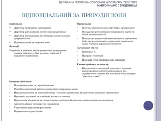 ДЕРЖАВНА ПОЛІТИКА ОСВОЄННЯ Й РОЗВИТКУ ТЕРИТОРІЇ
                                                                НАВКОЛИШНЄ СЕРЕДОВИЩЕ


          ВІДПОВІДАЛЬНИЙ ЗА ПРИРОДНІ ЗОНИ
Інші назви                                                Працедавці
   Директор природного заповідника                       o   Комуна, міжкомунальна структура, департамент
   Директор регіональних служб охорони довкілля          o   Посада при регіональному природному парку чи
                                                              іншій змішаній спілці
   Директор регіональних або місцевих служб охорони
    природних зон                                         o   Посада при управлінні навколишнього середовища
                                                              і/або при керівникові регіонального природного
   Відповідальний за охоронні зони
                                                              парку чи іншої державної структури
Функції
                                                          Загальний статус
Розробляє й здійснює якісне управління природними         o   Категорія: А
    зонами, забезпечує їхнє наукове, технічне й
    юридичне оцінювання                                   o   Профіль: технічний
                                                          o   Посадова сітка: територіальні інженери
                                                          Умови прийому на посаду:
                                                          o   Внутрішній та зовнішній конкурси з певними
                                                              вимогами щодо освіти та/або екзамен для
                                                              зарахування залежно від посадової сітки, конкурс
                                                              “третього шляху”

Основні обов’язки:
o   Планування зони та управління нею
o   Розробка механізмів якісного управління природною зоною
o   Надання допомоги та консультування Головного управління й депутатів у питаннях оцінювання
o   Правовий, науковий та технічний нагляд за зонами
o   Організація обговорень та стимулювання політики збереження навколишнього середовища
o   Адміністративне та бюджетне управління
o   Управління людськими ресурсами
o   Керівництво підрозділами
 