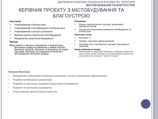 ДЕРЖАВНА ПОЛІТИКА ОСВОЄННЯ Й РОЗВИТКУ ТЕРИТОРІЇ
                                                                     МІСТОБУДУВАННЯ ТА БЛАГОУСТРІЙ

              КЕРІВНИК ПРОЕКТУ З МІСТОБУДУВАННЯ ТА
                          БЛАГОУСТРОЮ
    Інші назви                                                   Працедавці
        Уповноважений з благоустрою                                 Комуна, міжкомунальна структура, департамент,
                                                                      державний заклад
        Уповноважений з містобудування та благоустрою               Посада при начальникові управління містобудування та
        Уповноважений з міського оновлення                           благоустрою
        Керівник проекту практичного містобудування             Загальний статус
        Координатор проектів містобудування                         Категорія: А

    Функції
                                                                     Профіль: технічний, адміністративний
                                                                     Посадова сітка: територіальні інженери, територіальні
    Веде проекти з міського планування та благоустрою.                помічники
        Допомагає громаді як замовнику у виборі способу
        реалізації проектів. Організує та координує дії різних   Умови прийому на посаду:
        партнерів. Наглядає за узгодженістю проектів з               Внутрішній та зовнішній конкурси з певними вимогами
        містобудівною політикою громади                              щодо освіти та/або екзамен для зарахування залежно від
                                                                     посадової сітки, конкурс “третього шляху”




Основні обов'язки:
o       Керівництво та виконання попередніх досліджень і техніко-економічного обґрунтування
o       Розробка містобудівної документації
o       Розробка та підготовка операцій з благоустрою й будівництва
o       Розвиток та організація партнерства
o       Стимулювання проектів благоустрою міст
 