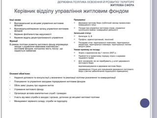 ДЕРЖАВНА ПОЛІТИКА ОСВОЄННЯ Й РОЗВИТКУ ТЕРИТОРІЇ
                                                                              ЖИТЛОВА СФЕРА

    Керівник відділу управління житловим фондом
Інші назви                                                    Працедавці
   Відповідальний за місцеве управління житловим                Державне житлове бюро (публічний заклад промислово-
    фондом                                                        комерційного типу)
   Відповідальний/керівник органу управління житловим
                                                                 Посада при управлінні житлових справ, управлінні
                                                                  суспільного майна і комерційної діяльності
    фондом
                                                              Загальний статус
   Керівник філії/агентства нерухомості
                                                                 Категорія: А, В
   Керівник відділу децентралізованого управління
                                                                 Профіль: адміністративний, технічний
Функції
                                                                 Посадова сітка: територіальні помічники, територіальні
В рамках політики розвитку житлового фонду впроваджує             редактори, територіальні інженери, територіальні техніки
    заходи з управління майновим комплексом і                     вищого рівня
    житловим фондом, контролює якість послуг, що              Умови прийому на посаду:
    надаються наймачам
                                                                 Згідно з ордонансом від 1 лютого 2007 р.:
                                                                 Прийняття в приватному порядку згідно з нормами
                                                                  трудового права
                                                                 Для чиновників, які не перебувають у штаті державного
                                                                  житлового бюро:
                                                              -   відкомандирування в державне житлове бюро;
                                                              -   переведення (тільки для працівників державного житлового
                                                                  бюро з метою забезпечення подальшого підвищення)
Основні обов'язки:
o   Надання допомоги та консультації у визначенні та реалізації політики розселення та комерціалізації
o   Планування та управління заходами порядкування житловим фондом
o   Облік заяв і рішень про надання житла
o   Утримання житлового фонду
o   Організація зв’язків компетентних служб і громадян
o   Участь від імені служби в заходах і органах, дотичних до місцевої житлової політики
o   Менеджмент керівного складу, служби чи підрозділу
 