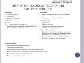 ТЕХНІЧНЕ ЗАБЕЗПЕЧЕННЯ
                                                                              МАЙСТЕРНІ ТА АВТОМОБІЛІ

             ОПЕРАТОР ТЕХОБСЛУГОВУВАННЯ
                   АВТОТРАНСПОРТУ
Інші назви                                                Працедавці
   Технічний радник                                      o   Комуна, міжкомунальна структура, департамент,
                                                              регіон
   Автомеханік
                                                          o   Посада при автомайстерні чи СТО
   Майстер з авторемонту
                                                          Загальний статус
   Механік
                                                          o   Категорія: С
Функції
                                                          o   Профіль: технічний
Здійснює ТЕХНІЧНЕ ЗАБЕЗПЕЧЕННЯ автотранспорту
    згідно з вимогами виробника та правилами безпеки      o   Посадова сітка: територіальні майстри,
    й охорони навколишнього середовища                        територіальні технічні помічники
                                                          Умови прийому на посаду:
                                                             Внутрішній та зовнішній конкурси з певними вимогами
                                                              щодо освіти та/або екзамен для зарахування залежно
                                                              від посадової сітки, конкурс “третього шляху”
                                                          o   Можливість безпосереднього прийому для кадрів
                                                              категорії С залежно від чину (другий клас)



Основні обов'язки:
o   Організація приймання автотранспорту
o   Діагностика несправностей
o   Поточне обслуговування двигуна та вузлів транспортного засобу
o   Обслуговування систем та електричних ланцюгів транспортного засобу
o   Використання інструментів і догляд за ними
o   Контроль транспортного засобу
 