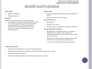 ТЕХНІЧНЕ ЗАБЕЗПЕЧЕННЯ
                                                                               МАЙСТЕРНІ ТА АВТОМОБІЛІ

                             ВОДІЙ ВАНТАЖІВКИ
Інші назви                                                Працедавці
   Шофер вантажівки                                      o   Комуна, міжкомунальна структура, департамент,
                                                              регіон
   Водій вантажівки
                                                          o   Посада при гаражі чи автопарку
Функції
                                                          Загальний статус
Водить та забезпечує поточне обслуговування
    транспортних засобів вантажопідйомністю понад         o   Категорія: С
    3,5 тонни, призначених для всього комплексу           o   Профіль: технічний
    транспортних робіт: шляхове будівництво,
    вивезення сміття, обслуговування системи              o   Посадова сітка: територіальні технічні помічники
    вуличного освітлення, мереж водогону та
                                                          Умови прийому на посаду:
    водовідведення
                                                             Внутрішній та зовнішній конкурси з певними
                                                              вимогами щодо освіти та/або екзамен для
                                                              зарахування залежно від посадової сітки, конкурс
                                                              “третього шляху”
                                                          o   Можливість безпосереднього прийому для кадрів
                                                              категорії С залежно від чину (другий клас)
                                                          o   Спеціальність і умови роботи регламентовані


Основні обов'язки:
o   Управління вантажівкою на шляхах і будмайданчиках
o   Використання інструментів відповідно до призначення транспортного засобу
o   Дотримання правил безпеки
o   Контроль і профілактичне обслуговування транспортного засобу
 