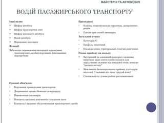 МАЙСТЕРНІ ТА АВТОМОБІЛІ


     ВОДІЙ ПАСАЖИРСЬКОГО ТРАНСПОРТУ
Інші назви                                                   Працедавці
   Шофер автобуса                                           o   Комуна, міжкомунальна структура, департамент,
                                                                 регіон
   Шофер транспортної лінії
                                                             o   Посада при службі автопарку
   Шофер шкільного автобуса
                                                             Загальний статус
   Водій автобуса
                                                             o   Категорія: С
   Перевізник школярів
                                                             o   Профіль: технічний
Функції
                                                             o   Посадова сітка: територіальні технічні помічники
Забезпечує перевезення пасажирів відповідним
    транспортним засобам переважно фіксованими               Умови прийому на посаду:
    маршрутами                                                  Внутрішній та зовнішній конкурси з певними
                                                                 вимогами щодо освіти та/або екзамен для
                                                                 зарахування залежно від посадової сітки, конкурс
                                                                 “третього шляху”
                                                             o   Можливість безпосереднього прийому для кадрів
                                                                 категорії С залежно від чину (другий клас)
                                                             o   Спеціальність і умови роботи регламентовані


Основні обов'язки:
o   Керування громадським транспортом
o   Дотримання правил безпеки та маршруту
o   Перевезення пасажирів
o   Контроль проїзних документів та ведення каси
o   Контроль і щоденне обслуговування транспортного засобу
 