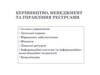 КЕРІВНИЦТВО, МЕНЕДЖМЕНТ
ТА УПРАВЛІННЯ РЕСУРСАМИ

 o   Головне управління
 o Загальні справи
 o Юридичне забезпечення

 o Фінанси

 o Людські ресурси

 o Інформаційні системи та інформаційно-
 комунікаційні технології
 o Комунікація
 