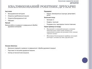 ТЕХНІЧНЕ ЗАБЕЗПЕЧЕННЯ
                                                                                                ДРУКАРНЯ

    КВАЛІФІКОВАНИЙ РОБІТНИК ДРУКАРНІ
Інші назви                                                  Працедавці
   Брошурувальник-палітурник                               o    Комуна, міжкомунальна структура, департамент,
                                                                 регіон
   Оператор оздоблювальної машини
                                                            Загальний статус
   Оператор брошурувальної лінії
                                                            o    Категорія: С
   Обрізувач
                                                            o    Профіль: технічний
Функції
                                                            o    Посадова сітка: територіальні технічні помічники
Виконує роботи зі зшивання та завершальної обробки
    друкованих матеріалів                                   Умови прийому на посаду:
                                                                Внутрішній та зовнішній конкурси з певними
                                                                 вимогами щодо освіти та/або екзамен для
                                                                 зарахування залежно від посадової сітки, конкурс
                                                                 “третього шляху”
                                                            o    Можливість безпосереднього прийому для кадрів
                                                                 категорії С залежно від чину (другий клас)




Основні обов'язки:
o   Виконання операцій зі зшивання та завершальної обробки друкованої продукції
o   Підготовка та настройка друкарської машини
o   Нагляд за технологічним процесом
 