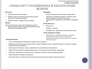 ТЕХНІЧНЕ ЗАБЕЗПЕЧЕННЯ
                                                                                                ІНФРАСТРУКТУРА

       СПЕЦІАЛІСТ З БУДІВНИЦТВА Й ЕКСПЛУАТАЦІЇ
                        ШЛЯХІВ
Інші назви                                                     Працедавці
    Проектувальник шляхів і мереж                             o    Комуна, міжкомунальна структура , департамент
    Керівник проектно-конструкторського бюро шляхів           o    Посада при Головному управлінні технічних служб
     сполучення і інженерних мереж                                  або при управлінні шляхів, благоустрою,
                                                                    навколишнього середовища, інженерного обладнання
    Керівник проектів з інфраструктури й мереж
                                                                    міст
Функції
                                                               Загальний статус
Виконує та/або керує технічними розробками проектів            o    Категорія: В
    інфраструктури й мереж; може забезпечувати нагляд
    або функції генпідрядника робіт                            o    Профіль: технічний
                                                               o    Посадова сітка: територіальні техніки вищого рівня
                                                               Умови прийому на посаду:
                                                               o    Внутрішній та зовнішній конкурси з певними
                                                                    вимогами щодо освіти та/або екзамен для
                                                                    зарахування залежно від посадової сітки, конкурс
 Основні обов'язки:                                                 “третього шляху”
 o    Участь в програмуванні інвестицій та в бюджетному плануванні
 o    Виконання проектно-конструкторських робіт на проекти інфраструктури, споруди або мережі; підготовка тендерної
      документації для підприємств
 o    Оцінка вартості виконаних споруд і перевірка техніко-економічного обґрунтування
 o    Надання консультацій експлуатаційникам мереж, інституціональним партнерам і підрядникам
 o    Реалізація, управління та контроль якісного виконання проектів, а також сертифікація робіт
 o    Адміністративне та бюджетне управління
 o    Організація роботи та керівництво внутрішніми й зовнішніми колективами з реалізації проектів
 