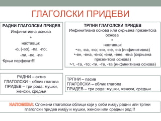 ГЛАГОЛСКИ ПРИДЕВИ
 РАДНИ ГЛАГОЛСКИ ПРИДЕВ                 ТРПНИ ГЛАГОЛСКИ ПРИДЕВ
    Инфинитивна основа        Инфинитивна основа или окрњена презентска
                                                      основа
                +
                                                         +
           наставци:                                наставци:
      -о, (-ао), -ла, -ло;        •-н, -на, -но; -ни, -не, -на (инфинитивна)
          -ли, -ле, -ла          •-ен, -ена, -ено; -ени, -ене, -ена (окрњена
•Крњи перфекат!!!                              презентска основа)
                              •-т, -та, -то; -ти, -те, -та (инфинитивна основа)


      РАДНИ – актив
                             ТРПНИ – пасив
 ГЛАГОЛСКИ – облик глагола
                             ГЛАГОЛСКИ – облик глагола
 ПРИДЕВ – три рода: мушки,
                             ПРИДЕВ – три рода: мушки, женски, средњи
      женски, средњи
 