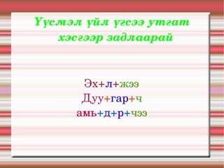 Үүсмэл үйл үгсээ утгат 
   хэсгээр задлаарай



       Эх+л+жээ
       Дуу+гар+ч
      амь+д+р+чээ
 