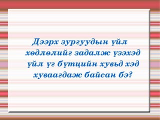 Дээрх зургуудын үйл 
хөдлөлийг задалж үзэхэд 
үйл үг бүтцийн хувьд хэд 
  хуваагдаж байсан бэ?
 