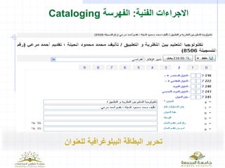 ‫الفنية‬ ‫االجراءات‬:‫الفهرسة‬Cataloging
‫للعنوان‬ ‫الببلوغرافية‬ ‫البطاقة‬ ‫تحرير‬
 