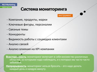 - Компания, продукты, марки
- Ключевые фигуры, персоналии
- Связные темы
- Конкуренты
- Видимость работы с соцмедиа клиентами
- Анализ связей
- Анализ влияния на KPI компании
 