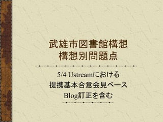 武雄市図書館構想
構想別問題点
5/4 Ustreamにおける
提携基本合意会見ベース
Blog訂正を含む
 