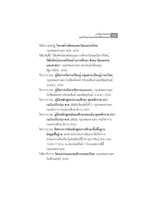 ภาพอนาคตและ
                                คุณลักษณะของคนไทยที่พึงประสงค์   121

รัชนีกร เศรษโฐ. โครงสร้างสังคมและวัฒนธรรมไทย.
        กรุงเทพมหานคร: มปท., มปป.
วิชย ตันศิริ. วิสยทัศน์ของสังคมและการศึกษาไทยยุคโลกาภิวตน์.
   ั             ั                                        ั
        วิสยทัศน์ประเทศไทยด้านการศึกษา สังคม วัฒนธรรม
           ั
        และศาสนา. กรุงเทพมหานคร: สมาคมนักเรียนทุน
        รัฐบาลไทย, 2540.
วิชาการ,กรม. คูมอการจัดการเรียนรู้ กลุมสาระเรียนรูภาษาไทย.
                      ่ ื                ่             ้
        กรุงเทพมหานคร: โรงพิมพ์องค์การรับส่งสินค้าและพัสดุภณฑ์
                                                            ั
        (ร.ส.พ.), 2544.
วิชาการ,กรม. คูมอการบริหารจัดการแนะแนว. กรุงเทพมหานคร:
                       ่ ื
        โรงพิมพ์องค์การรับส่งสินค้าและพัสดุภณฑ์ (ร.ส.พ.), 2545.
                                             ั
วิชาการ,กรม. คูมอหลักสูตรประถมศึกษา พุทธศักราช 2521
                        ่ ื
        (ฉบับปรับปรุง พ.ศ. 2533).พิมพ์ครังที่ 3. กรุงเทพมหานคร:
                                           ้
        กรมวิชาการ กระทรวงศึกษาธิการ, 2537.
วิชาการ,กรม. คูมอหลักสูตรมัธยมศึกษาตอนต้น พุทธศักราช 2521
                     ่ ื
        (ฉบับปรับปรุง พ.ศ. 2533). กรุงเทพมหานคร: กรมวิชาการ
        กระทรวงศึกษาธิการ, 2533.
วิชาการ,กรม. ทิศทางการจัดหลักสูตรการศึกษาขันพืนฐาน
                                                 ้ ้
        ข้อมูลพืนฐาน. เอกสารประกอบการสัมมนาเชิงวิชาการ
                   ้
        ระดมความคิดเห็น วันพฤหัสบดีท่ี 26 กุมภาพันธ์ 2541 เวลา
        13.00-17.00 น. ณ ห้องกมลทิพย์ 1 โรงแรมสยามซิต้ี
        กรุงเทพมหานคร.
วิเชียร รักการ. วัฒนธรรมและพฤติกรรมของไทย. กรุงเทพมหานคร:
        โอเดียนสโตร์, 2529.
 