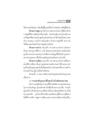 ภาพอนาคตและ
                                           คุณลักษณะของคนไทยที่พึงประสงค์      75

ให้ความสำคัญในการรับฟังผูอนและมีใจกว้างพอในการฟังผูอนด้วย
                                        ้ ่ื                                ้ ่ื
               ทกษะการพด หมายถง ความสามารถในการสอสารดวย
                 ั                 ู         ึ                           ่ื         ้
การพดทมความชดเจน สนกระชบ ตรงประเดน ครบถวน มความ
          ู ่ี ี            ั        ้ั        ั            ็           ้ ี
น่าดึงดูดหรือน่าสนใจ พูดด้วยถ้อยคำสุภาพ ใช้คำพูดได้เหมาะสม
กับกาลเทศะ รวมถึงการมีบุคลิกภาพในการพูดที่ดี สามารถ
ใช้เสียงและถ้อยคำในการพูดอย่างมั่นใจ
               ทักษะการอ่าน หมายถึง ความสามารถในการรับสาร
ด้วยการอ่านจากสือต่าง ๆ ได้ โดยสามารถจับใจความได้รวดเร็ว
                               ่
ถกตอง ครบถวน และสามารถเลอกอานขอมลทมเี ปนจำนวนมาก
  ู ้                ้                           ื ่ ้ ู ่ี ็
อยางชาญฉลาด เพอใหบรรลวตถประสงคของการอานได้
      ่                          ่ื ้ ุ ั ุ               ์           ่
               ทักษะการเขียน หมายถึง ความสามารถในการสื่อสาร
ด้วยวิธการเขียน ได้อย่างถูกต้องตามหลักเกณฑ์ มีสำนวนภาษา
             ี
ถูกต้อง มีเหตุผล และลำดับขันตอนในการนำเสนอ ทีสามารถสร้าง
                                         ้                          ่
ความเขาใจแกผอานไดอยางชดเจน
               ้       ่ ู้ ่ ้ ่ ั
               ทักษะทั้ง 4 ประการมีความสำคัญต่อคนไทยในอนาคต
เนองจาก
   ่ื
               1) การแข่งขันรุนแรงขึ้นทุกด้านในสังคมอนาคต
               โลกการแข่งขันต้องการคนทีมประสิทธิภาพ และสมรรถนะ
                                                    ่ ี
ในการปรับตัวสูง ผู้คนต้องดำเนินชีวิตด้วยความเร่งรีบ รวดเร็ว
ผู้คนจึงจำเป็นต้องสามารถสื่อสารได้อย่างมีประสิทธิภาพ ทั้งมี
ความรวดเรว ถกตอง สนกระชบ และชดเจน ผทสามารถสอสาร
                   ็          ู ้ ้ั              ั     ั     ู้ ่ี              ่ื
ได้ดทงการฟัง การพูด การเขียน และการอ่านจะมีความได้เปรียบ
        ี ้ั
 