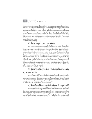 ภาพอนาคตและ
  76   คุณลักษณะของคนไทยที่พึงประสงค์


เพราะสามารถเลือกรับข้อมูลทีจำเป็นและมีประโยชน์ได้รวดเร็วใน
                                     ่
ระยะเวลาอันสั้น สามารถสื่อสารสิ่งที่ต้องการได้อย่างชัดเจน
น่าสนใจ จนสามารถโน้มน้าวผูอนได้ ซึงจะเป็นปัจจัยเสริมทีสำคัญ
                                   ้ ่ื       ่                    ่
ให้บุคคลนั้นสามารถปรับตัวและประสบความสำเร็จได้ในสภาพ
การแขงขนทรนแรง
       ่ ั ่ี ุ
        2) สงคมขอมลขาวสารสารสนเทศ
             ั       ้ ู ่
        ความก้าวหน้าทางด้านเทคโนโลยีสารสนเทศ ทำให้คนไทย
ในอนาคตเชื่อมโยงเข้าถึงแหล่งข้อมูลได้ทั่วโลก ข้อมูลจำนวน
มากจะไหล่บ่าเข้ามายังสังคมไทย คนในยุคหน้าจึงจำเป็นต้อง
รูจกเลือกรับสารให้เป็น รูจกฟังและอ่านอย่างชาญฉลาด สามารถ
  ้ั                          ้ั
เลือกรับข้อมูลที่จำเป็นและเป็นประโยชน์และคัดข้อมูลขยะที่
ไมจำเปนทงไป ทงนเ้ี พอจะสามารถรบ และสอสารความรออกไป
     ่ ็ ้ิ        ้ั ่ื                    ั    ่ื             ู้
ให้เกิดประโยชน์กับสังคมได้
        3) สังคมไทยทีพงประสงค์ เป็นสังคมทีมเอกภาพใน
                            ่ ึ                        ่ ี
ความหลากหลาย
        การสื ่ อ สารที ่ ม ี ป ระสิ ท ธิ ภ าพจะนำมาซึ ่ ง เอกภาพใน
ความหลากหลาย ช่วยลดความขัดแย้งระหว่างคนต่างเชื้อชาติ
ต่างวัฒนธรรม ต่างความคิด ต่างจิตต่างใจ
        4) สังคมไทยทีพงประสงค์ เป็นสังคมทีเน้นชุมชนวิถี
                           ่ ึ                       ่
        การรวมตัวของกลุ่มคนที่มีความสนใจหรือผลประโยชน์
รวมกนในอนาคตมความสำคญเปนอยางยง เพราะเปนการสราง
  ่ ั                 ี           ั ็ ่ ่ิ                  ็          ้
ชมชนใหแขงแกรง ชมชนจะเขมแขงไดจำเปนทคนในชมชนตองมี
   ุ     ้ ็ ่ ุ                    ้ ็ ้ ็ ่ี                ุ      ้
 