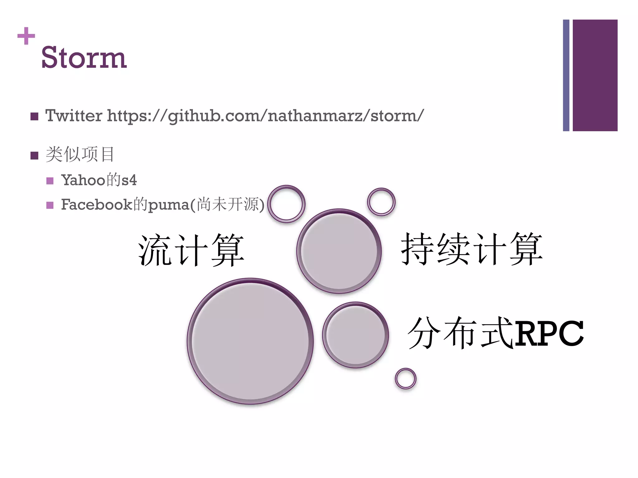 +
    Storm
   Twitter https://github.com/nathanmarz/storm/

   类似项目
       Yahoo的s4
       Facebook的puma(尚未开源)


               流计算                           持续计算

                                             分布式RPC
 