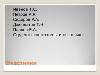    Иванов Т.С.
   Петров А.Р.
   Сидоров Р.А.
   Джеодатов Т.Н.
   Плахов Е.А.
   Студенты спортсмены и не только




Участники
 
