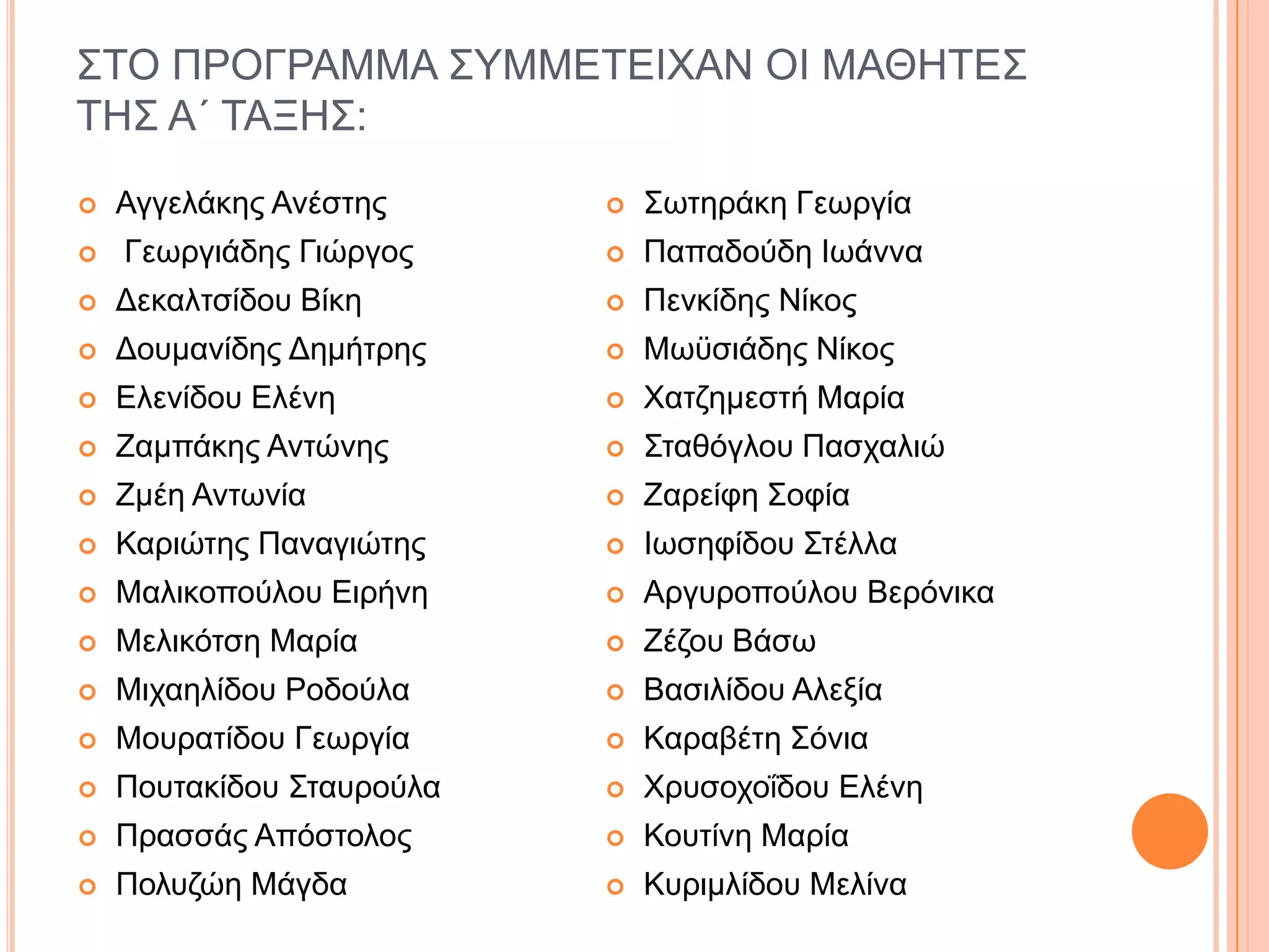 ΢ΣΟ ΠΡΟΓΡΑΜΜΑ ΢ΤΜΜΔΣΔΗΥΑΝ ΟΗ ΜΑΘΖΣΔ΢
ΣΖ΢ Α΄ ΣΑΞΖ΢:
   Αγγειάθεο Αλέζηεο         ΢ωηεξάθε Γεωξγία
   Γεωξγηάδεο Γηώξγνο        Παπαδνύδε Ηωάλλα
   Γεθαιηζίδνπ Βίθε          Πελθίδεο Νίθνο
   Γνπκαλίδεο Γεκήηξεο       Μωϋζηάδεο Νίθνο
   Διελίδνπ Διέλε            Υαηδεκεζηή Μαξία
   Εακπάθεο Αληώλεο          ΢ηαζόγινπ Παζραιηώ
   Εκέε Αληωλία              Εαξείθε ΢νθία
   Καξηώηεο Παλαγηώηεο       Ηωζεθίδνπ ΢ηέιια
   Μαιηθνπνύινπ Δηξήλε       Αξγπξνπνύινπ Βεξόληθα
   Μειηθόηζε Μαξία           Εέδνπ Βάζω
   Μηραειίδνπ Ρνδνύια        Βαζηιίδνπ Αιεμία
   Μνπξαηίδνπ Γεωξγία        Καξαβέηε ΢όληα
   Πνπηαθίδνπ ΢ηαπξνύια      Υξπζνρνΐδνπ Διέλε
   Πξαζζάο Απόζηνινο         Κνπηίλε Μαξία
   Πνιπδώε Μάγδα             Κπξηκιίδνπ Μειίλα
 