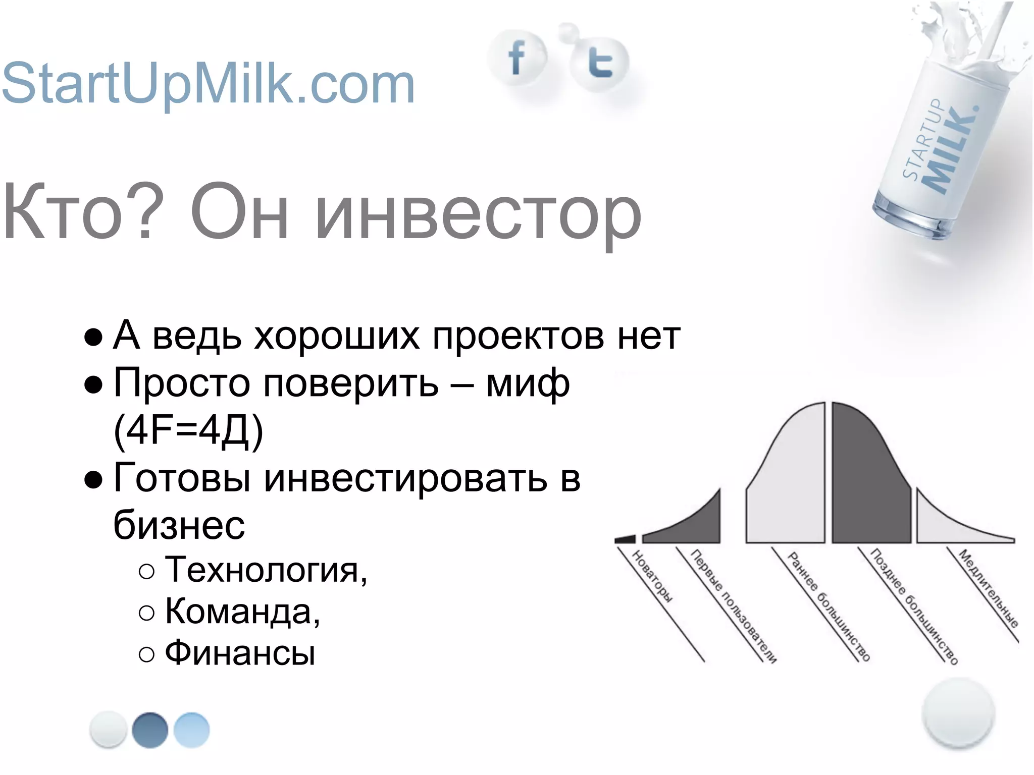 StartUpMilk.com

Кто? Он инвестор
  ● А ведь хороших проектов нет
  ● Просто поверить – миф
    (4F=4Д)
  ● Готовы инвестировать в
    бизнес
    ○ Технология,
    ○ Команда,
    ○ Финансы
 