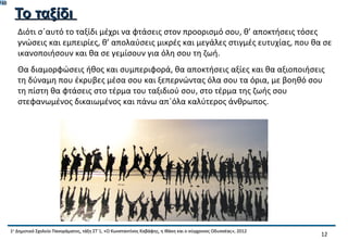 748

        Το ταξίδι
         Διότι σ΄αυτό το ταξίδι μέχρι να φτάσεις στον προορισμό σου, θ’ αποκτήσεις τόσες
         γνώσεις και εμπειρίες, θ’ απολαύσεις μικρές και μεγάλες στιγμές ευτυχίας, που θα σε
         ικανοποιήσουν και θα σε γεμίσουν για όλη σου τη ζωή.
         Θα διαμορφώσεις ήθος και συμπεριφορά, θα αποκτήσεις αξίες και θα αξιοποιήσεις
         τη δύναμη που έκρυβες μέσα σου και ξεπερνώντας όλα σου τα όρια, με βοηθό σου
         τη πίστη θα φτάσεις στο τέρμα του ταξιδιού σου, στο τέρμα της ζωής σου
         στεφανωμένος δικαιωμένος και πάνω απ΄όλα καλύτερος άνθρωπος.




      1ο Δημοτικό Σχολείο Πανοράματος, τάξη ΣΤ΄1, «Ο Κωνσταντίνος Καβάφης, η Ιθάκη και ο σύγχρονος Οδυσσέας», 2012
                                                                                                                     12
 