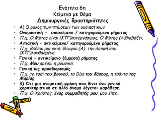 Ενότητα 6η
                  Κείμενα με θέμα
            Δημιουργικές δραστηριότητες
•   Α) Ο ρόλος των πτώσεων των ουσιαστικών
•   Ονομαστική - υποκείμενο / κατηγορούμενο ρήματος
•   Π.χ. Ο Φώτης είναι (ΚΤΓ)συνεργάσιμος. Ο Φώτης (Α)διαβάζει.
•   Αιτιατική – αντικείμενο/ κατηγορούμενο ρήματος
•   Π.χ. Βλέπω μια σκιά. Θεωρώ (Α) την άποψή σου
    (ΚΤΓ)λανθασμένη.
•   Γενική – αντικείμενο (έμμεσο) ρήματος
•   Π.χ. Μου αρέσει η μουσική.
•   Γενική ως προσδιορισμός
•   Π.χ. το τσάι του βουνού, τα ζώα του δάσους, η τσάντα της
    Μαρίας
•   Β) Ότι μια ονοματική φράση που δίνει ένα γενικό
    χαρακτηριστικό σε άλλο όνομα λέγεται παράθεση
•   Π.χ. Ο Χρήστος, ένας συμμαθητής μου, μου είπε…
 