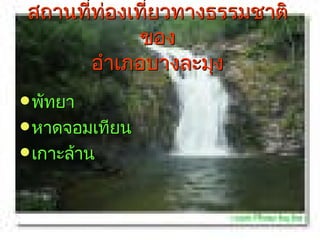 สถานที่ท่องเที่ยวทางธรรมชาติ
             ของ
        อำาเภอบางละมุง
 พัทยา
 หาดจอมเทียน
 เกาะล้าน
 