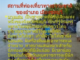 สถานที่ท่องเที่ยวทางธรรมชาติ
    ของอำาเภอ เมืองชลบุรี
 บางแสน    เป็นชายหาดทีมีชอเสียงแห่ง
                          ่ ื่
 หนึ่งของจังหวัดชลบุรี เป็นทีรู้จักแพร่
                               ่
 หลายในหมูนักท่องเทียวชาวไทย
              ่         ่
 บริเวณชายหาดมีโรงแรมที่พก       ั
 บังกะโลให้เช่า เก้าอี้ผ้าใบให้เช่านัง
                                     ่
 นอนเล่น มีเครื่องดื่มและอาหารทะเล
 จำาหน่าย หาดบางแสนเหมาะสำาหรับ
 นักท่องเทียวทีมีเงินน้อย มีเวลาน้อย
            ่   ่
 ปัจจุบันถ้าเป็นวันหยุดราชการจะมีนัก
 