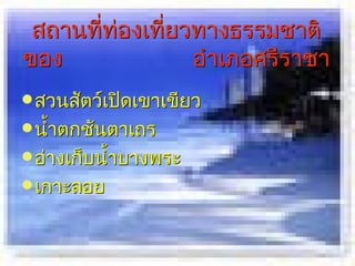 สถานที่ท่องเที่ยวทางธรรมชาติ
ของ               อำาเภอศรีราชา
 สวนสัตว์เปิดเขาเขียว
 นำ้าตกชันตาเถร
 อ่างเก็บนำ้าบางพระ
 เกาะลอย
 