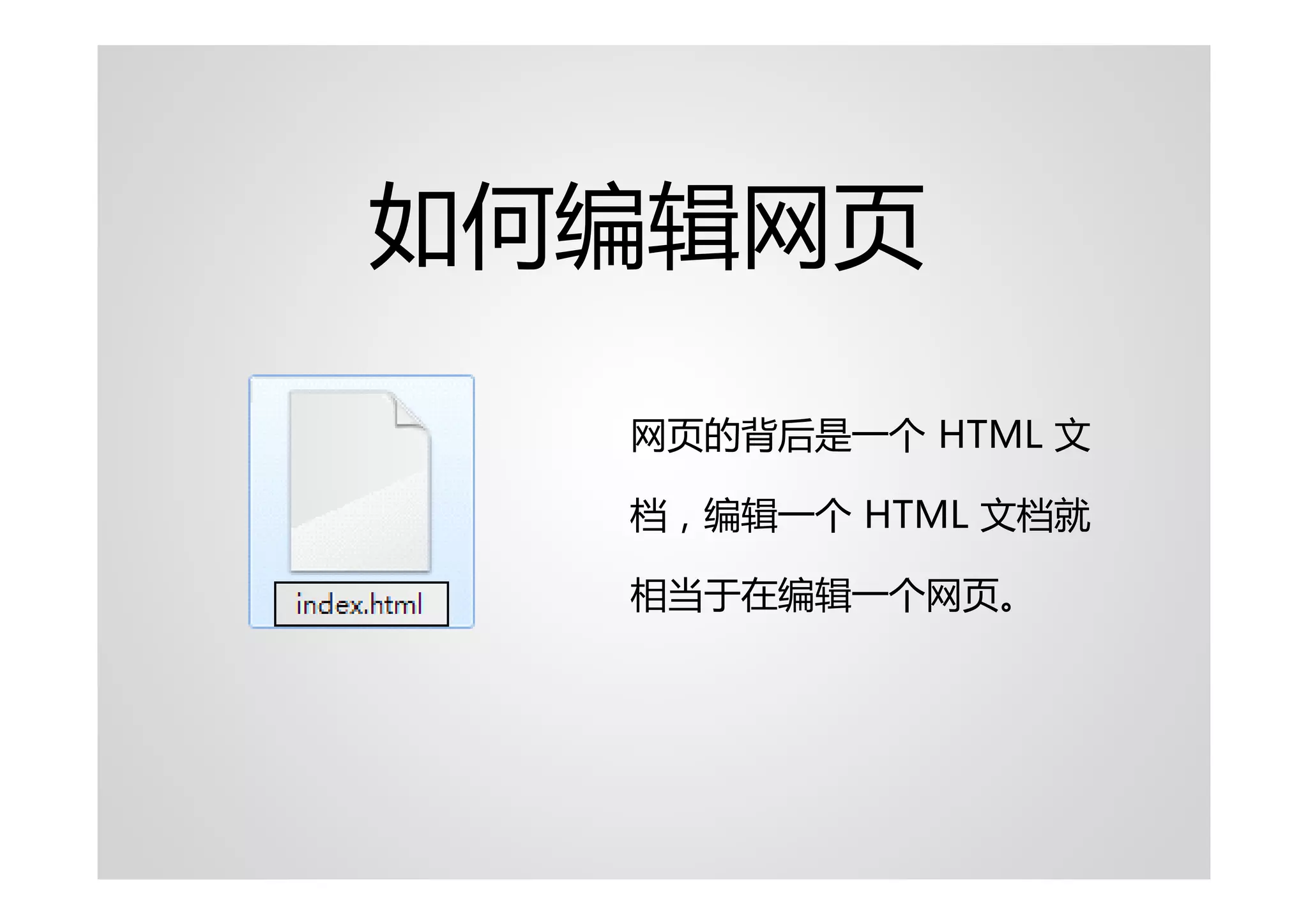 如何编辑网页

  网页的背后是一个 HTML 文

  档，编辑一个 HTML 文档就

  相当于在编辑一个网页。
 