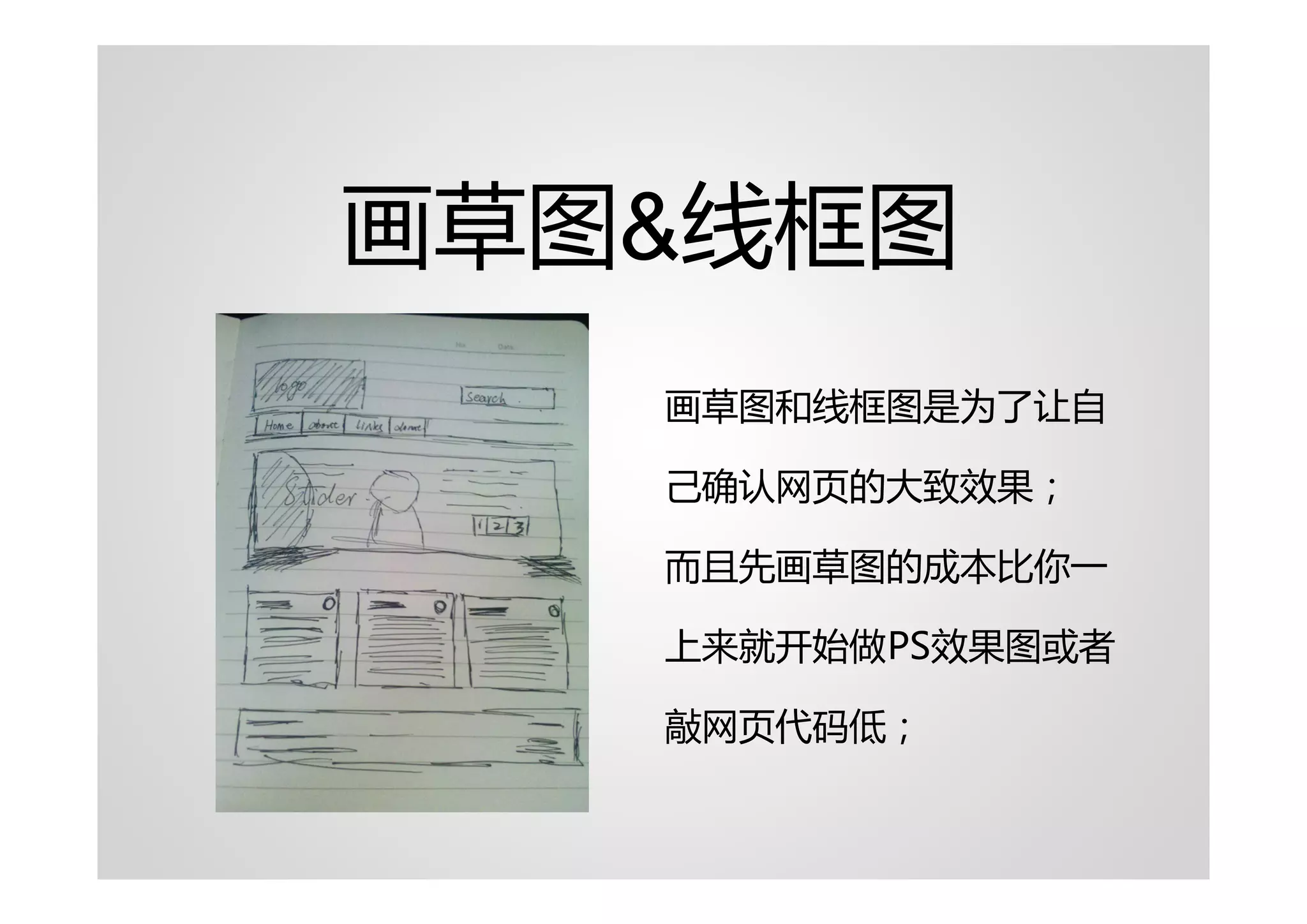 画草图&线框图
   画草图和线框图是为了让自

   己确认网页的大致效果；

   而且先画草图的成本比你一

   上来就开始做PS效果图或者

   敲网页代码低；
 