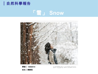 ︱自然科學報告

           「雪」 Snow




    學號︱ 10060514
    姓名︱蔡靜恩
 
